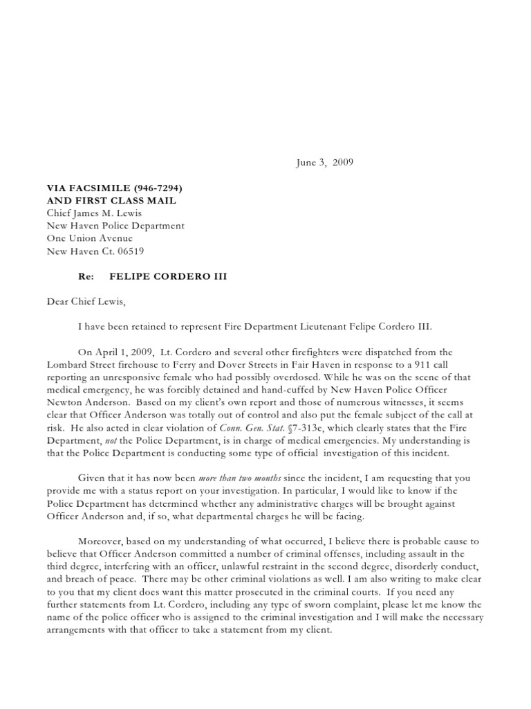 Letter To Chief Lewis 6-3-09 | PDF | Police | Deviance (Sociology)