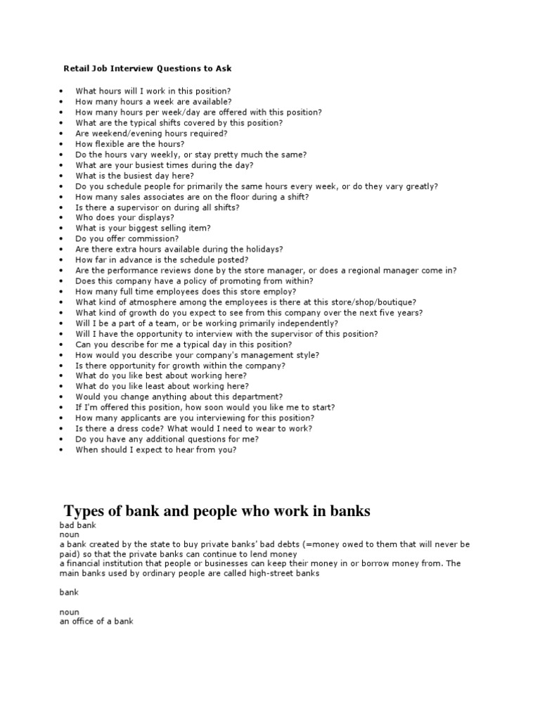 Retail Job Interview Questions to Ask Banks Federal