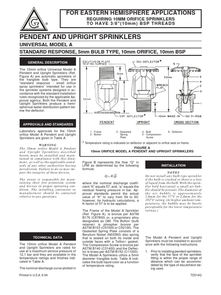 Universal Model a Sprinkler Std Response Fire Sprinkler System