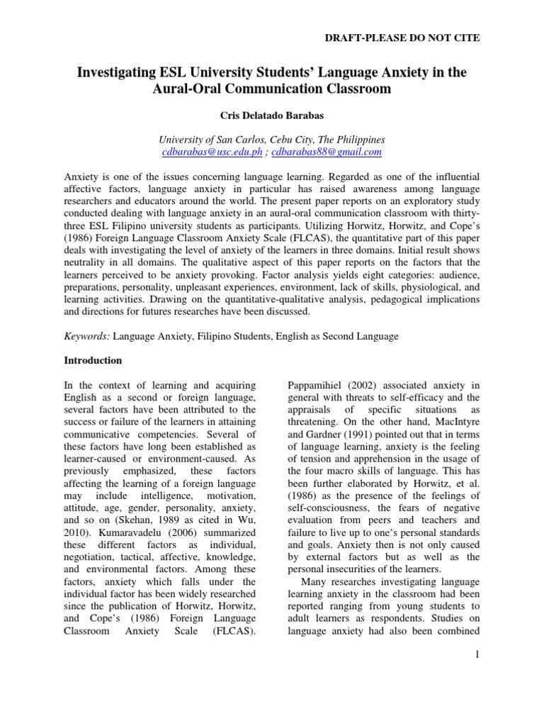Language Anxiety in ESL Communication | PDF | Anxiety | English As A ...