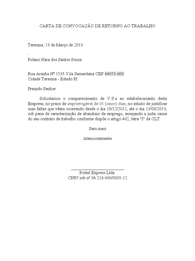 CARTA DE CONVOCAÇÃO DE RETORNO AO TRABALHO