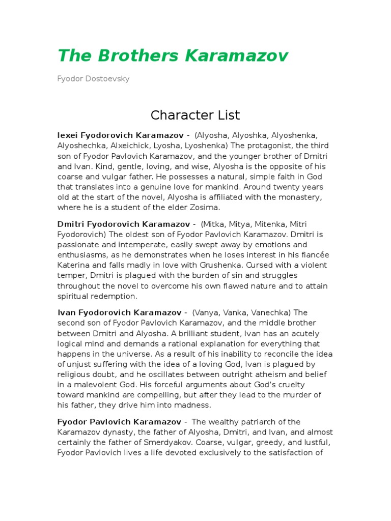 Character List The Brothers Karamazov Religion And Belief