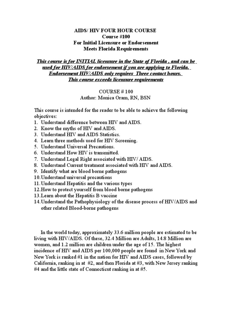 Aids/ Hiv Four Hour Course Course #100 For Initial Licensure or ...