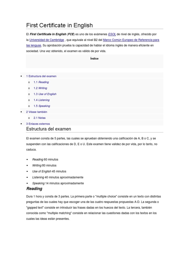 Estructura del Examen First Certificate | PDF | Evaluación educativa y ...