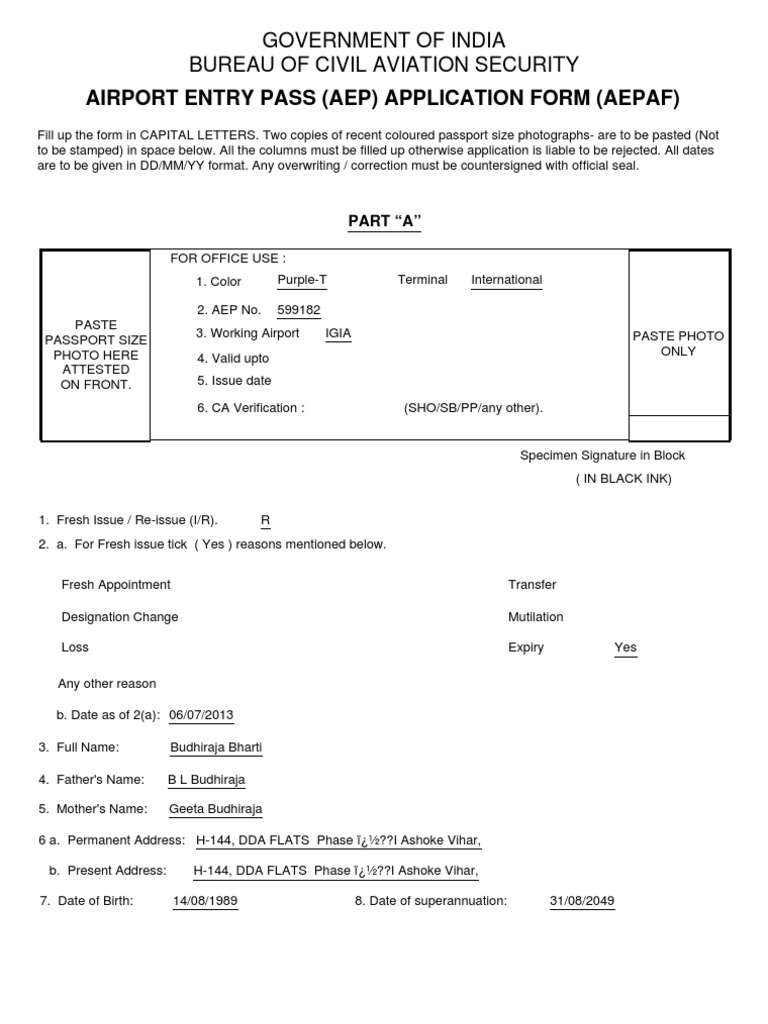 Airport Entry Pass (Aep) Application Form (Aepaf) Government of India