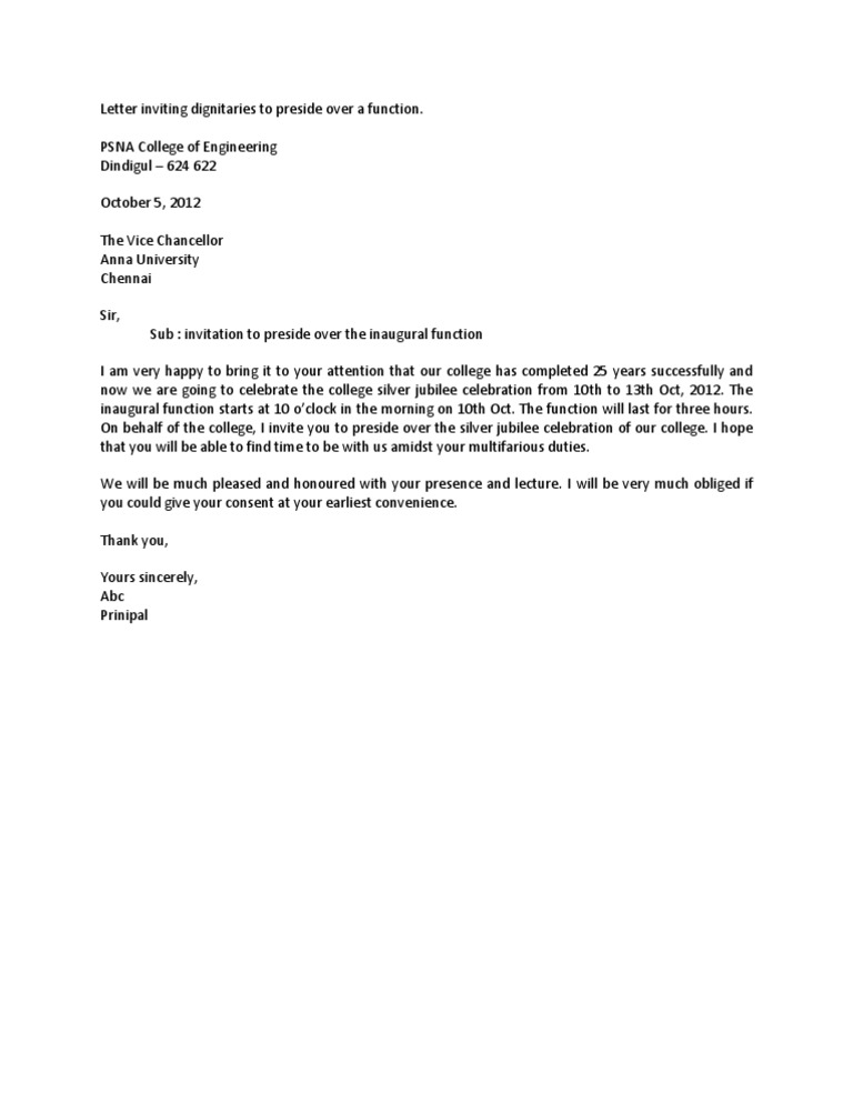  Letter - Letter Inviting Dignitaries to Preside Over a 