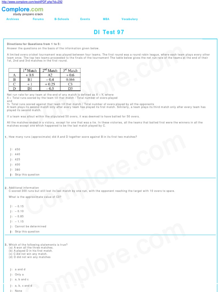 DI Test 97: Directions For Questions From 1 To 5 | PDF