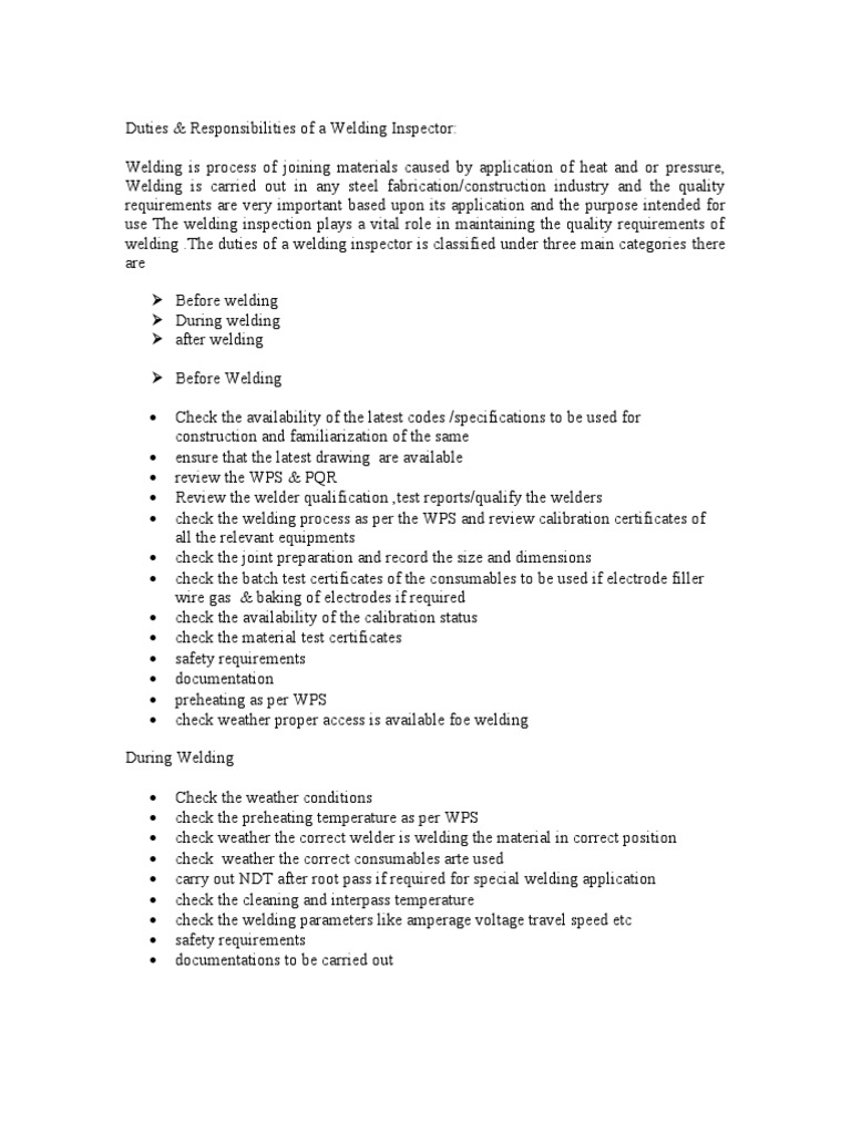 Duties & Responsibilities of Welding Inspector Welding