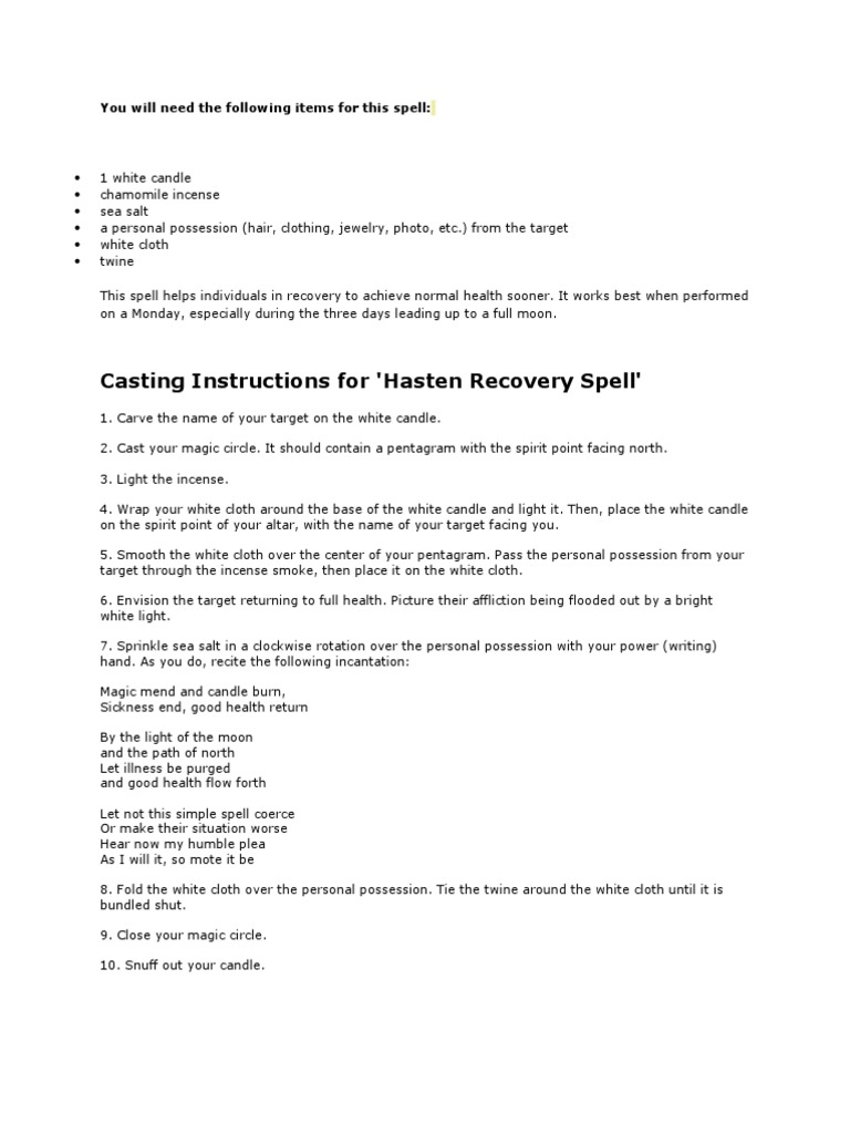 Hasten Recovery Spell Instructions | PDF