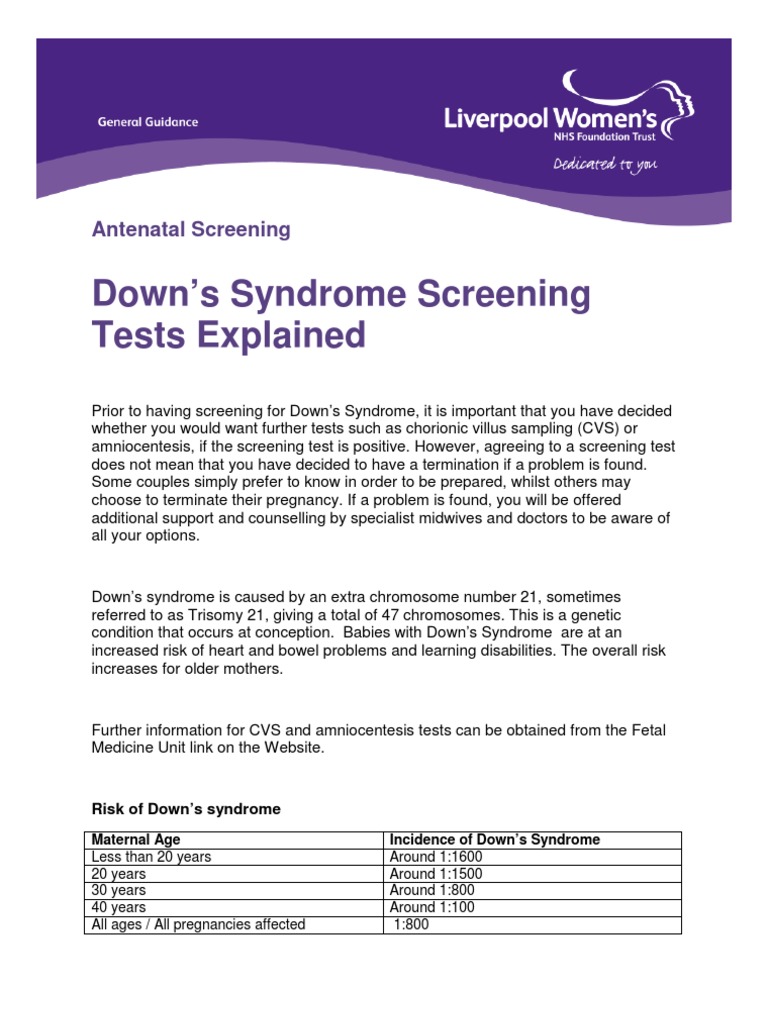 Downs Syndrome Screening Tests Explained Pdf Down Syndrome