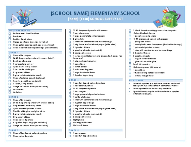 Teacher Supply List PDF Pencil Notebook