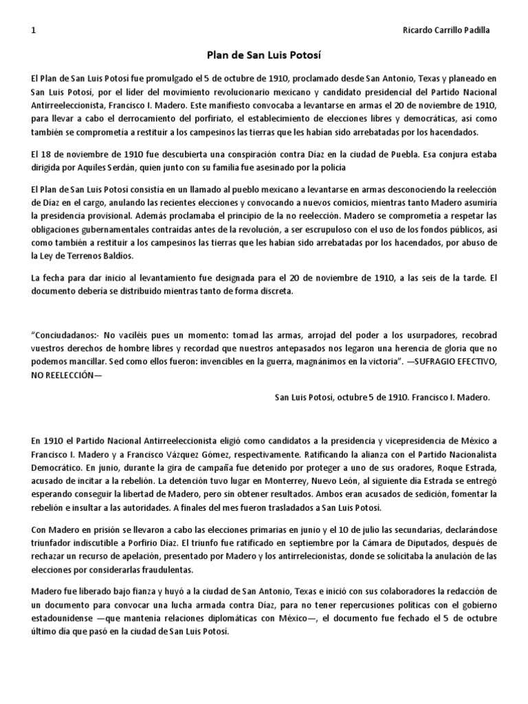 Plan de San Luis Potosí PDF Gobierno Política (general)