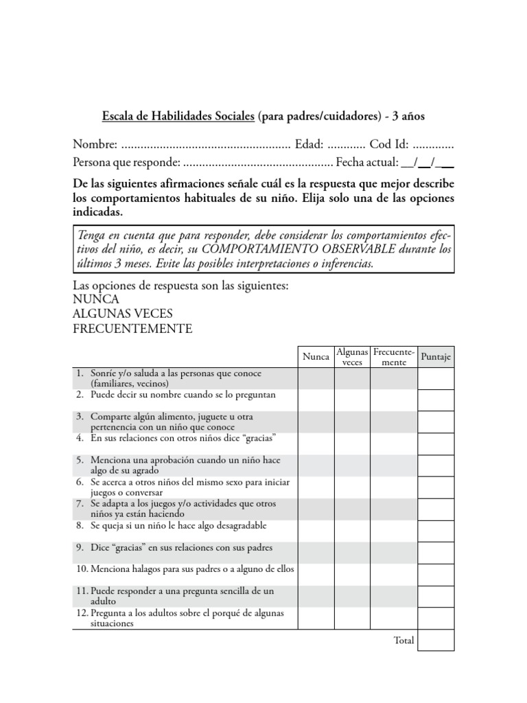 Escala de Habilidades Sociales para Niños de 3 5 Años | PDF | Adultos | Conceptos psicologicos