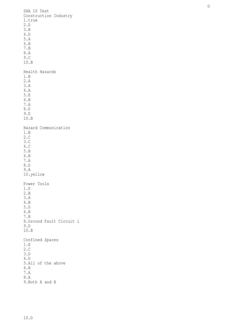 Osha 10 Test Answer Pdf Prevention Labor Relations
