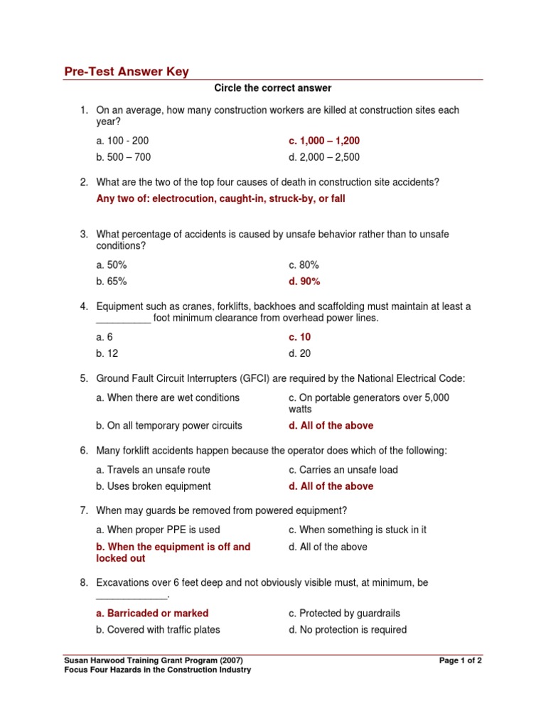 Pre Test Answer Key Occupational Safety And Health Administration Safety