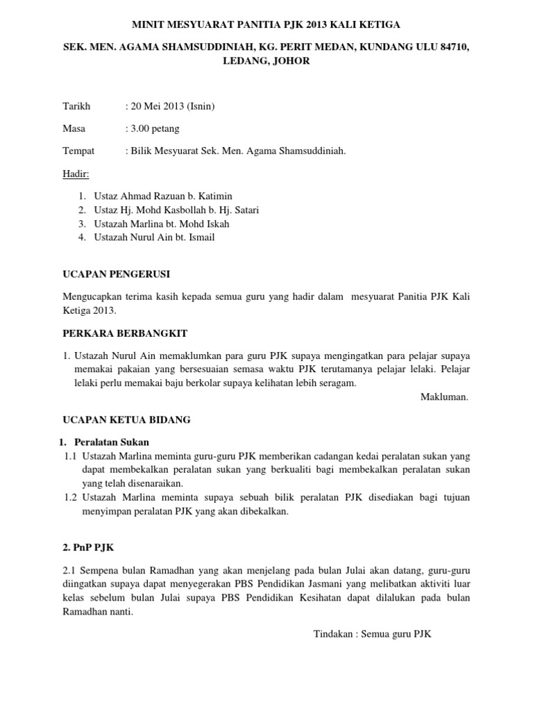 Minit Mesyuarat Panitia Pjk 2013 Kali Ketiga