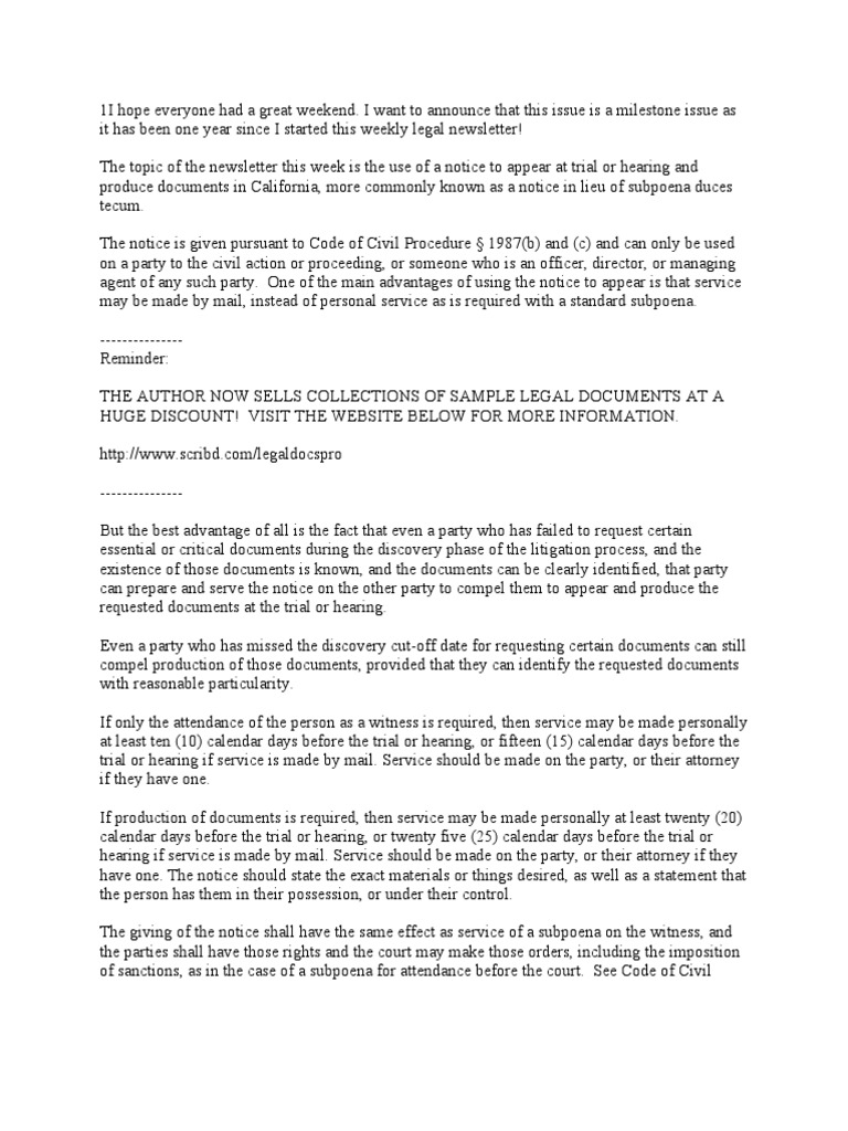 Notice in Lieu of Subpoena Duces Tecum For California | PDF | Subpoena  Duces Tecum | Discovery (Law)