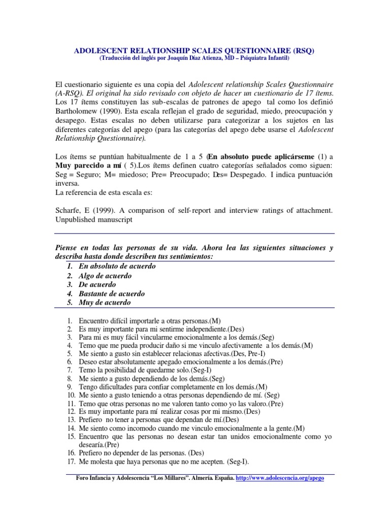 Adolescent Relationship Scale Questionnaire | PDF