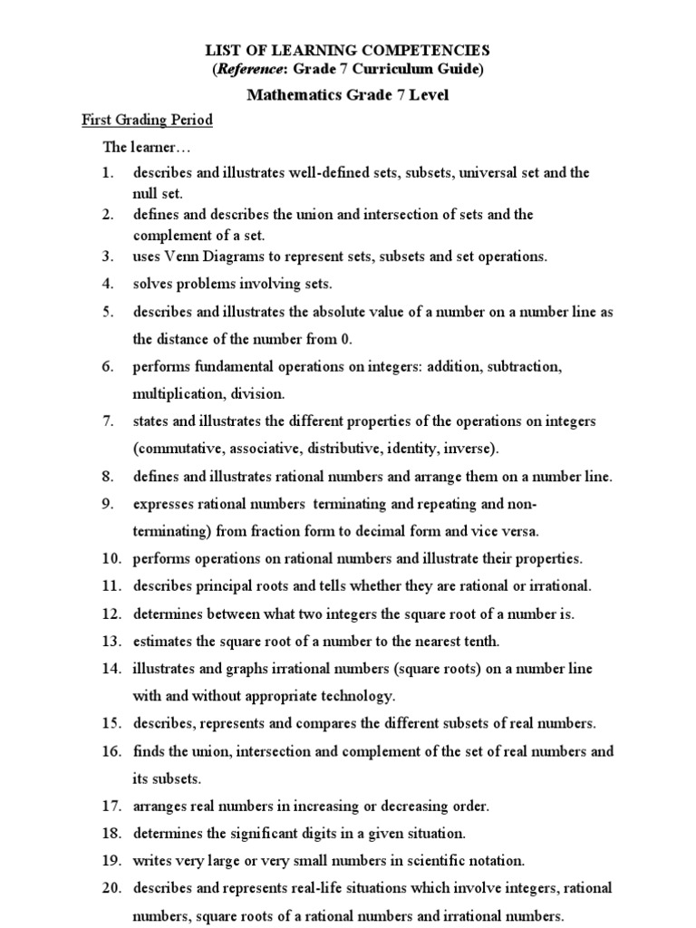 math grade 7 learning competency k 12 numbers polynomial