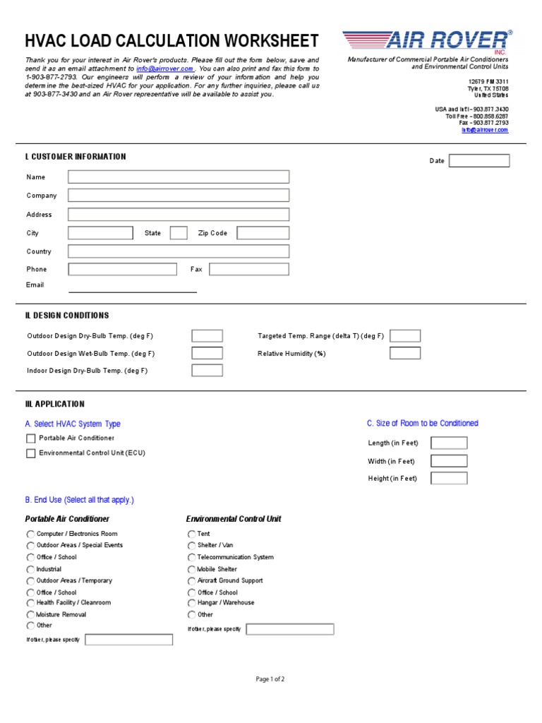 AR HVAC Load Calculation Worksheet Hvac Air Conditioning