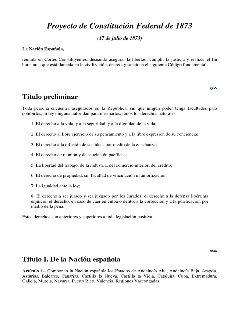 Proyecto de Constitucion Federal de 1873 PDF Cortes Generales