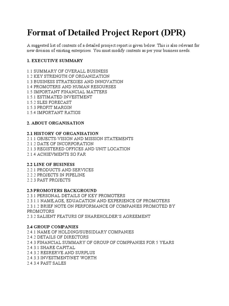 Format Of Detailed Project Report PDF Business Stocks