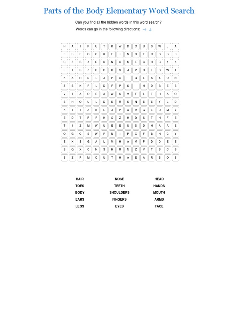 Parts of The Body Elementary Word Search | PDF | Language Arts ...