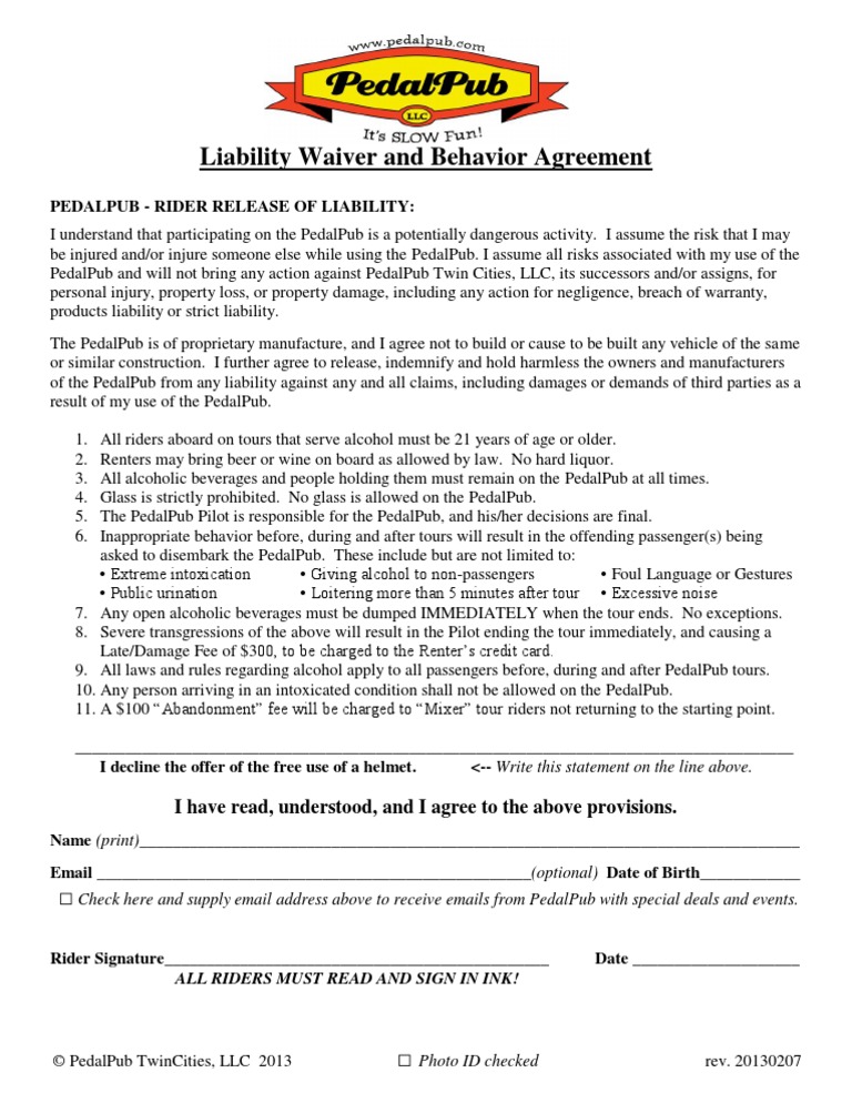 PedalPub Liability Waiver & Rules | PDF | Product Liability | Indemnity