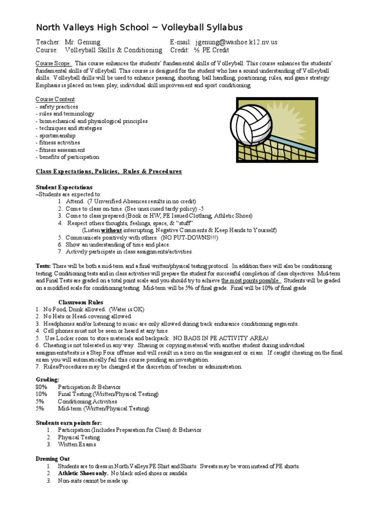 North Valleys High School Volleyball Syllabus | PDF | Test (Assessment) |  Volleyball