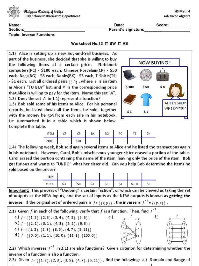 Inverse Functions Worksheet for HS Math | PDF | Teaching Methods ...