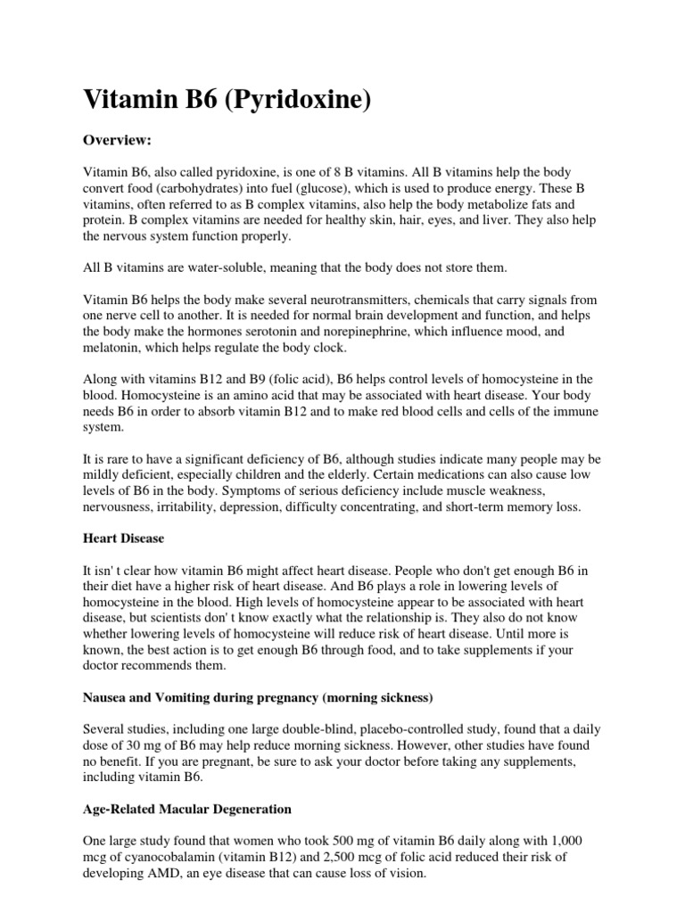 Vitamin B6 (Pyridoxine) Overview PDF Human Body Premenstrual Syndrome