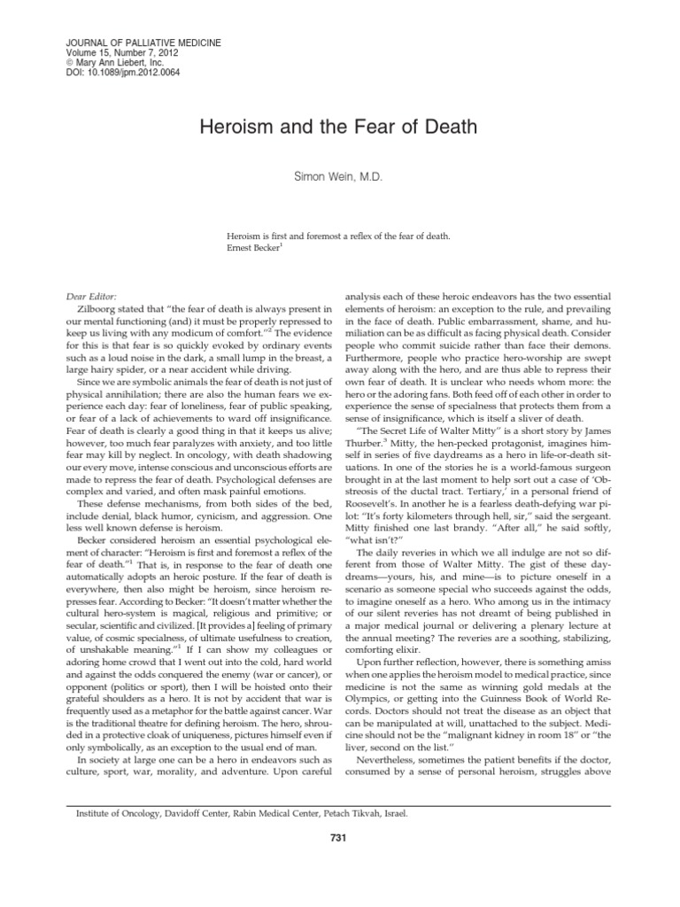 Heroism and The Fear of Death PDF Hero Psychological Egoism