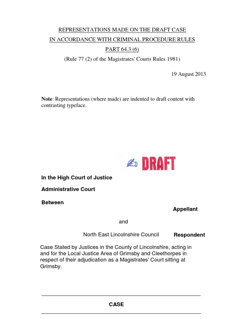 Case stated Draft representation redacted.doc Costs In English Law Summons Free 30day