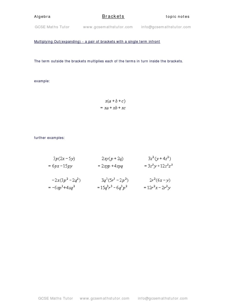 Brackets,algebra revision notes from GCSE Maths Tutor Factorization