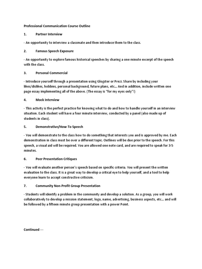 Professional Communication Course Outline Public Speaking Semiotics