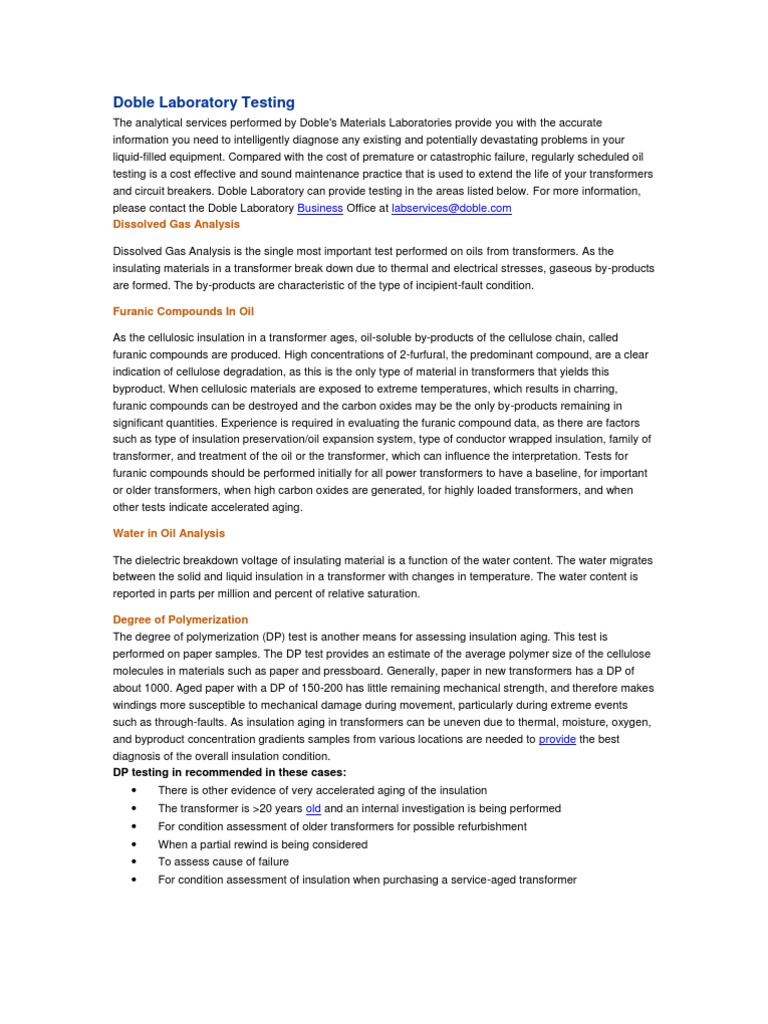 Doble Laboratory Testing PDF Transformer Polychlorinated Biphenyl