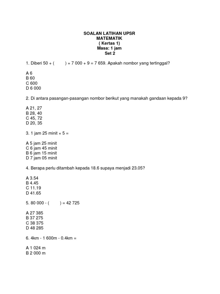 Soalan Latihan Matematik UPSR Tahun 6 | PDF