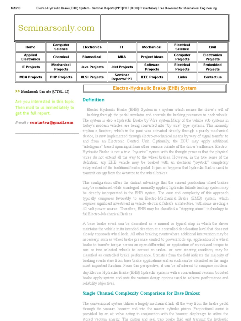 ElectroHydraulic Brake (EHB) System Seminar Reports PPT PDF