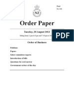 Final Order Paper for New Zealand Parliament sitting Tuesday August 20, 2013