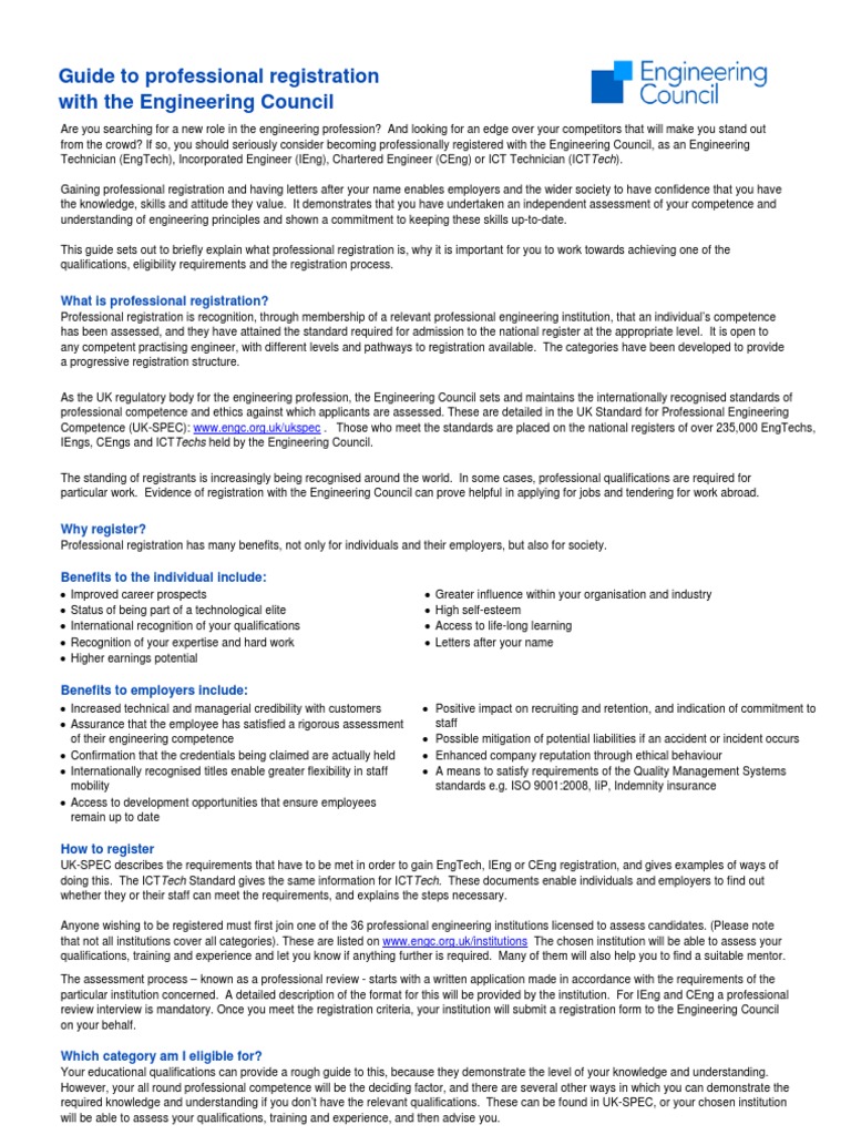 Guide to professional registration with the Engineering Council