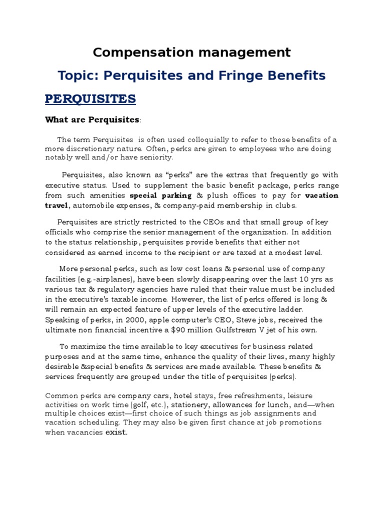 Perquisites and Fringe Benefits PDF Employee Benefits Employment