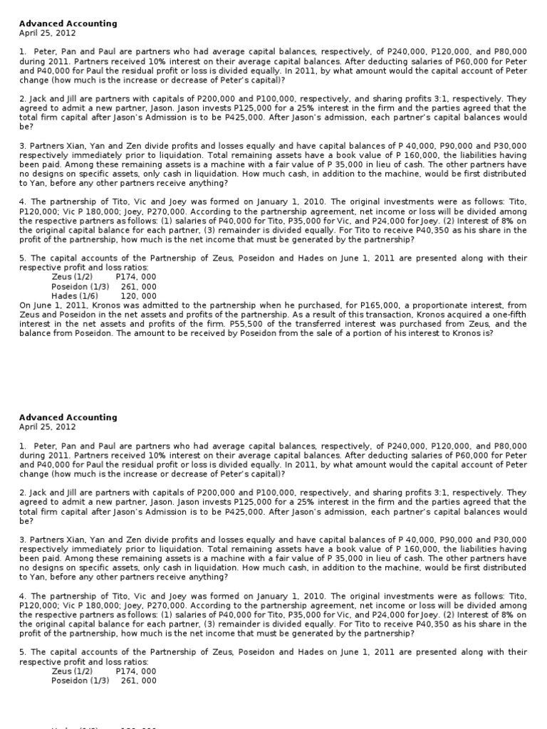 Partnership Capital Accounting Scenarios | PDF | Partnership | Profit ...