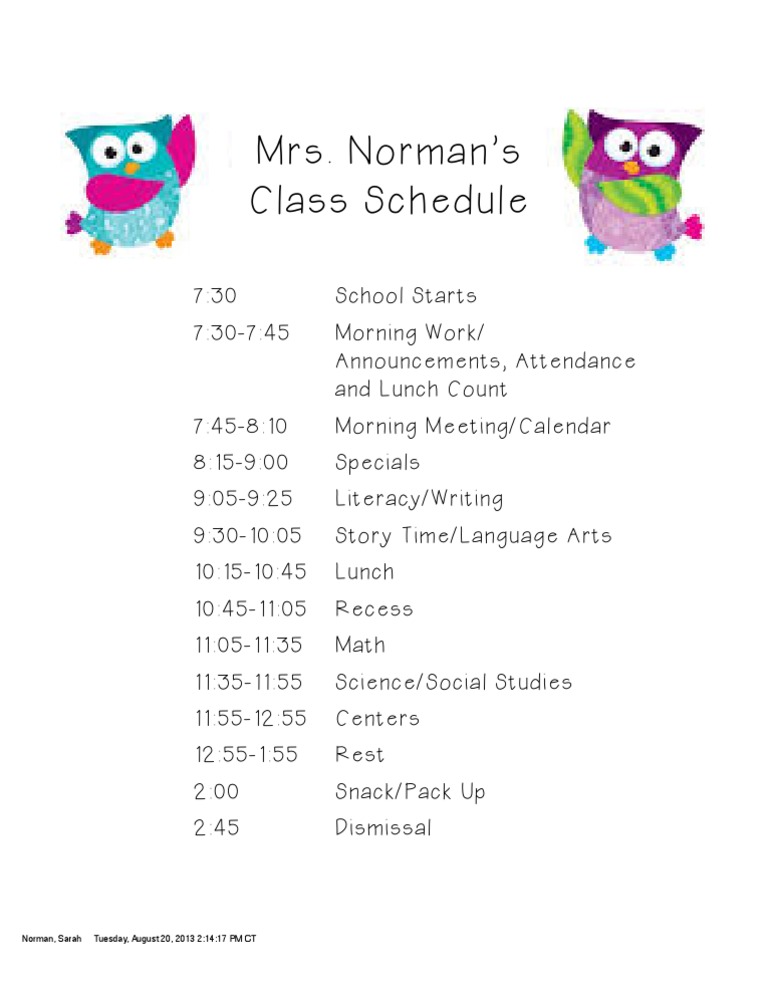 Mrs. Norman's Class Daily Schedule | PDF