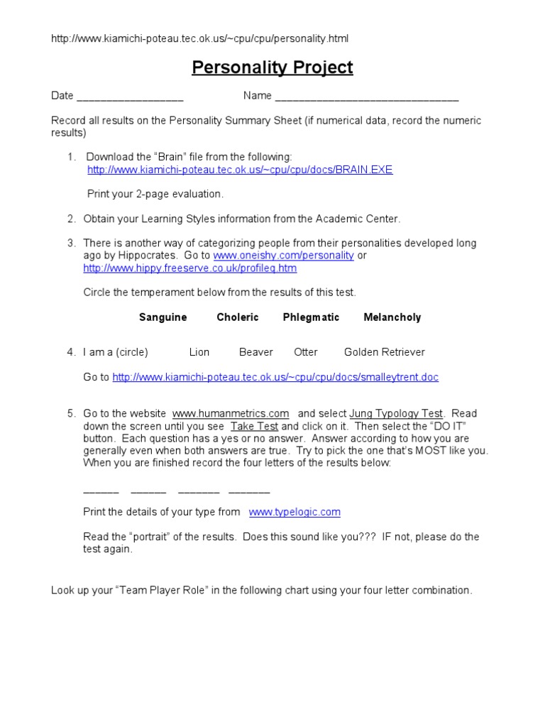 Printable Personality Test Guide | PDF | Psychological Theories ...
