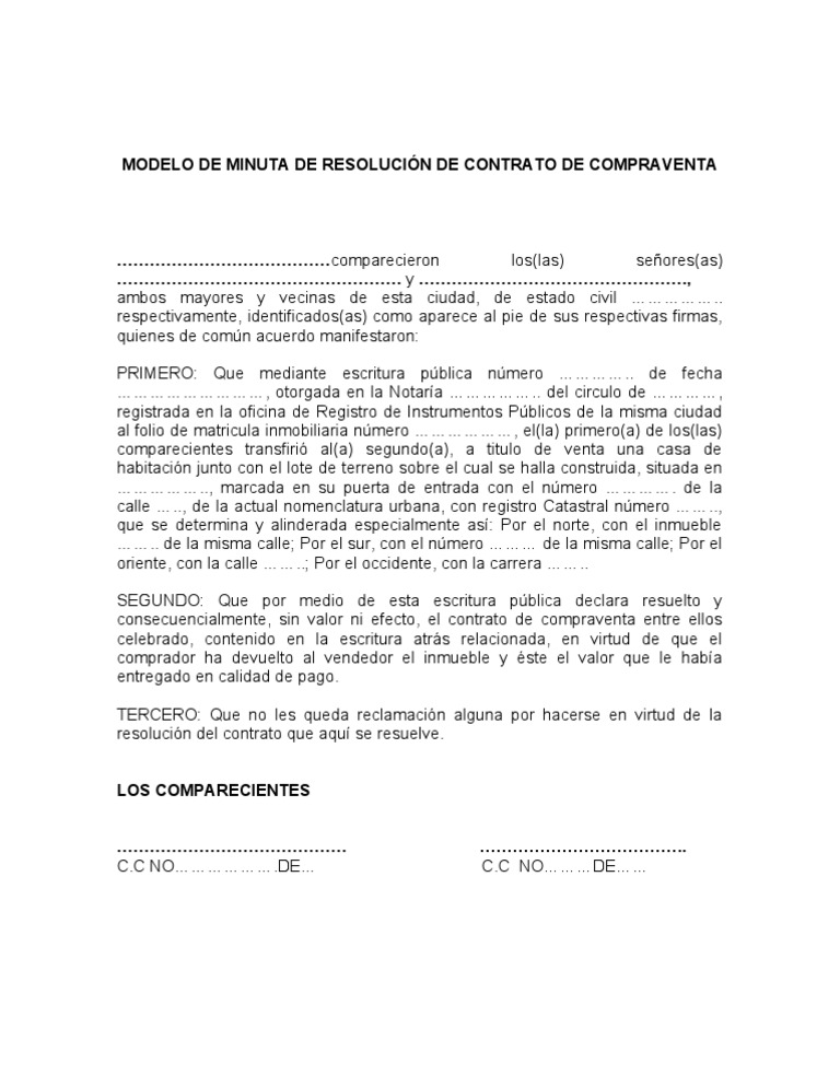 Modelo de Minuta de Resolucion de Contrato de Compraventa | PDF