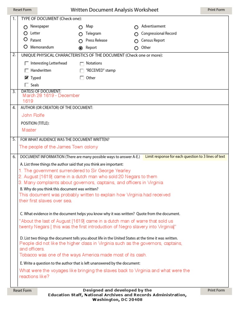 Written Document Analysis Worksheet: John Rolfe | PDF