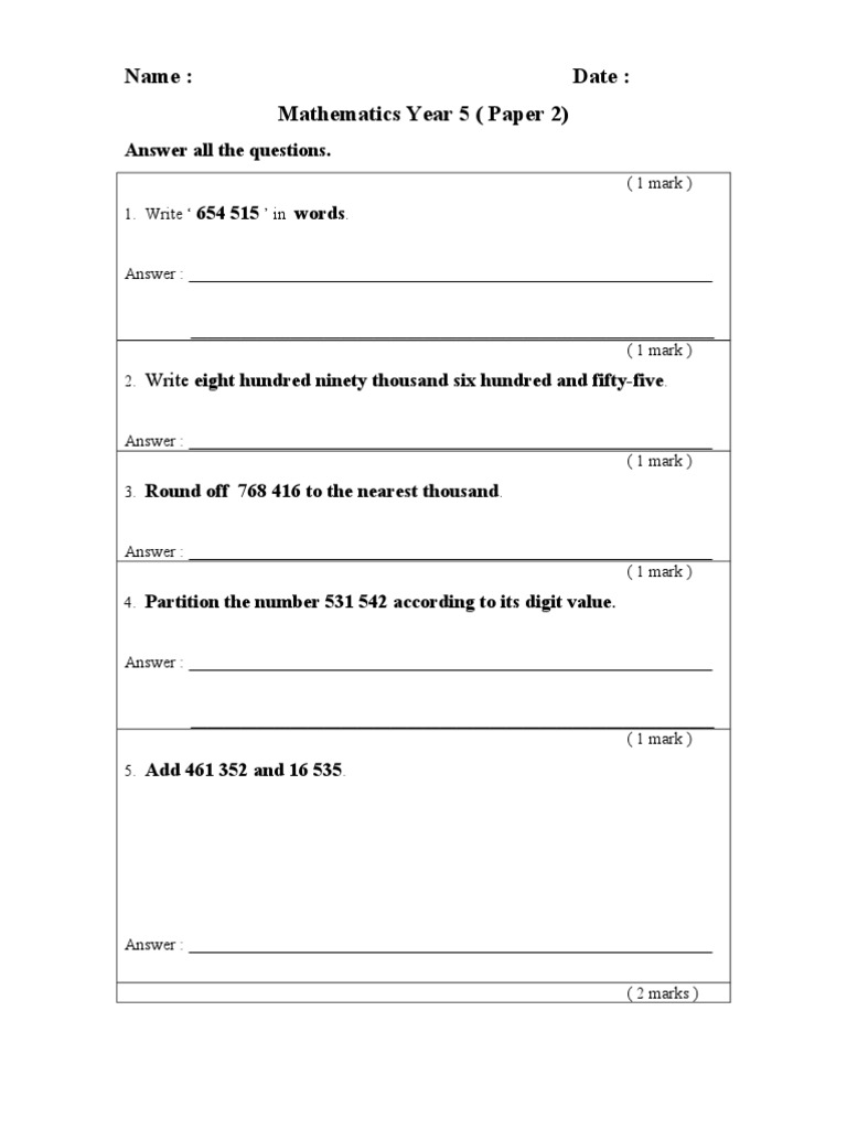 Name: Date: Mathematics Year 5 (Paper 2) : Answer All The Questions ...