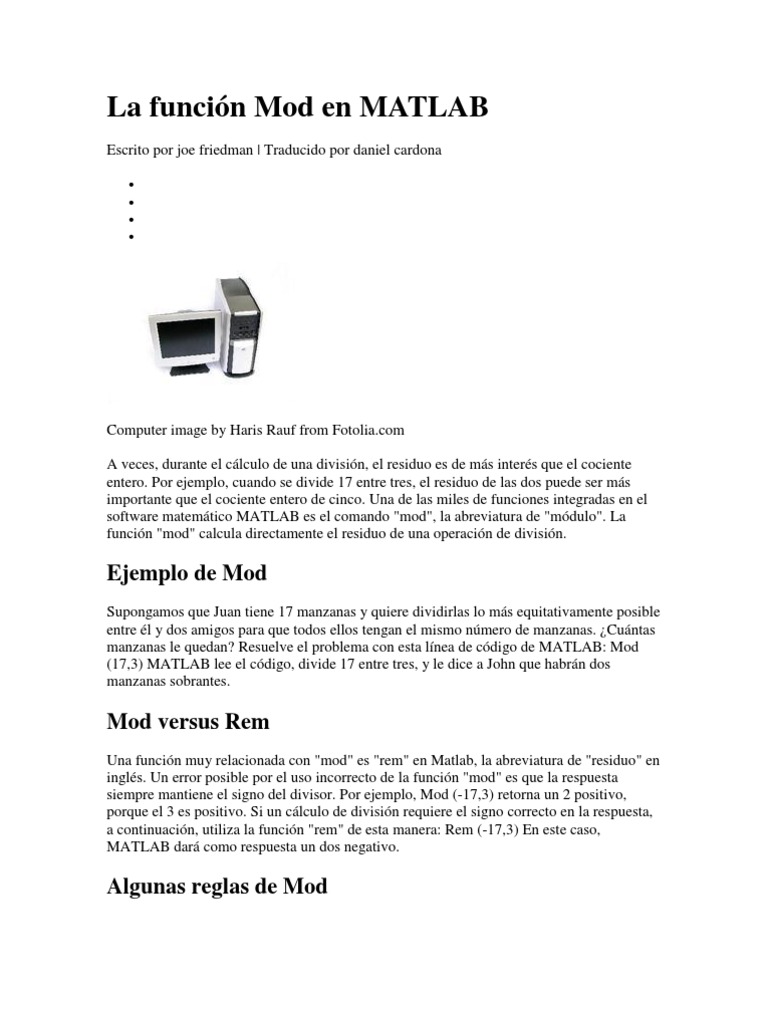 Función Mod en MATLAB: Uso y Reglas | PDF | Métodos y materiales de ...