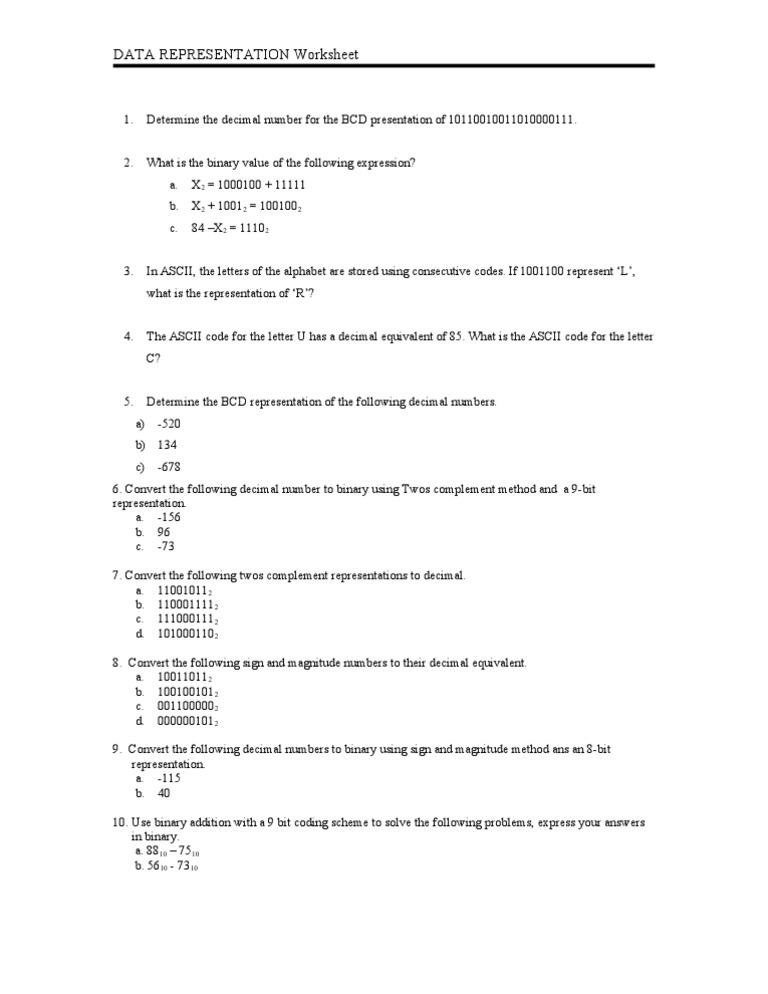 Data Representation Exercises Worksheet | PDF