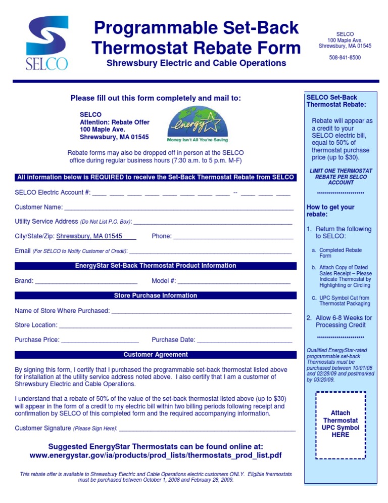 Programmable Set-Back Thermostat Rebate Form: Shrewsbury Electric and ...